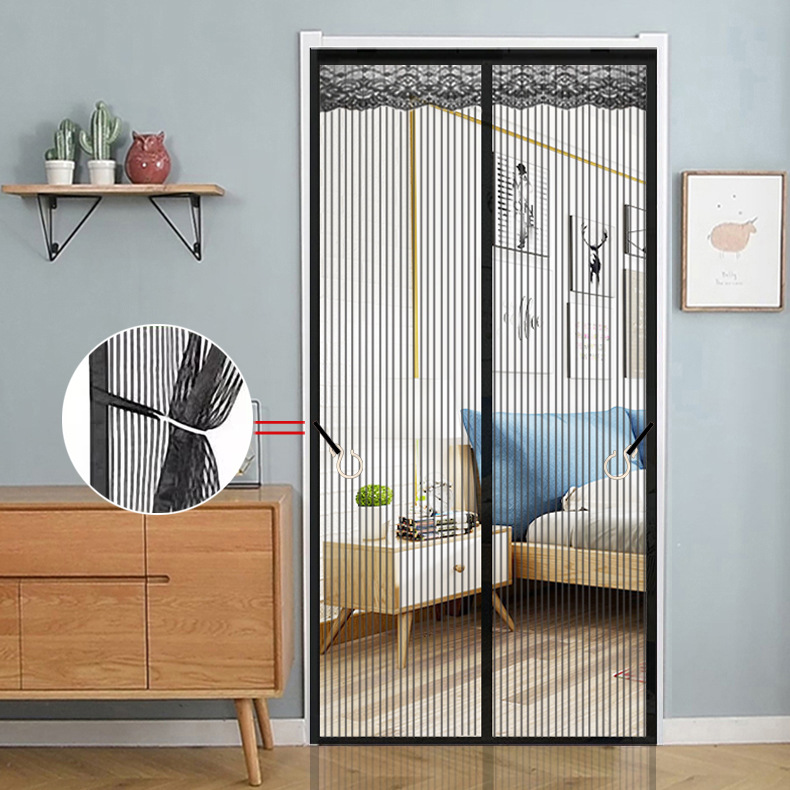 Picture of Anti-mosquito Door Curtain Bedroom Household Magnet Pair-suction Velcro Non-perforated Fly-proof Sandy Mesh Mosquito Net with Screen Door Black