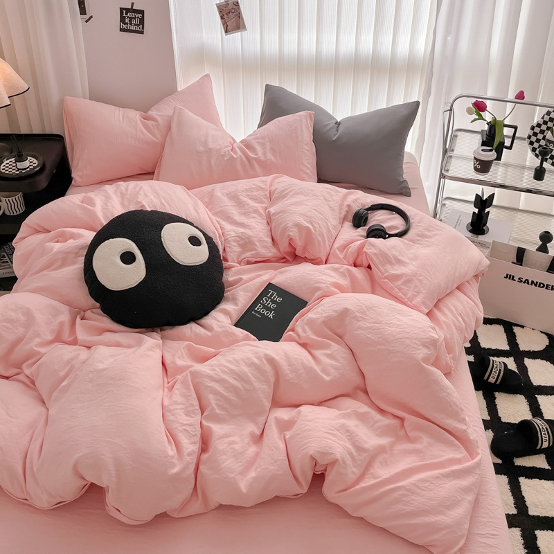 Picture of Four-piece bed set A can sleep naked wash cotton quilt cover solid color bed sheets student dormitory three-piece bed hat wholesale 4