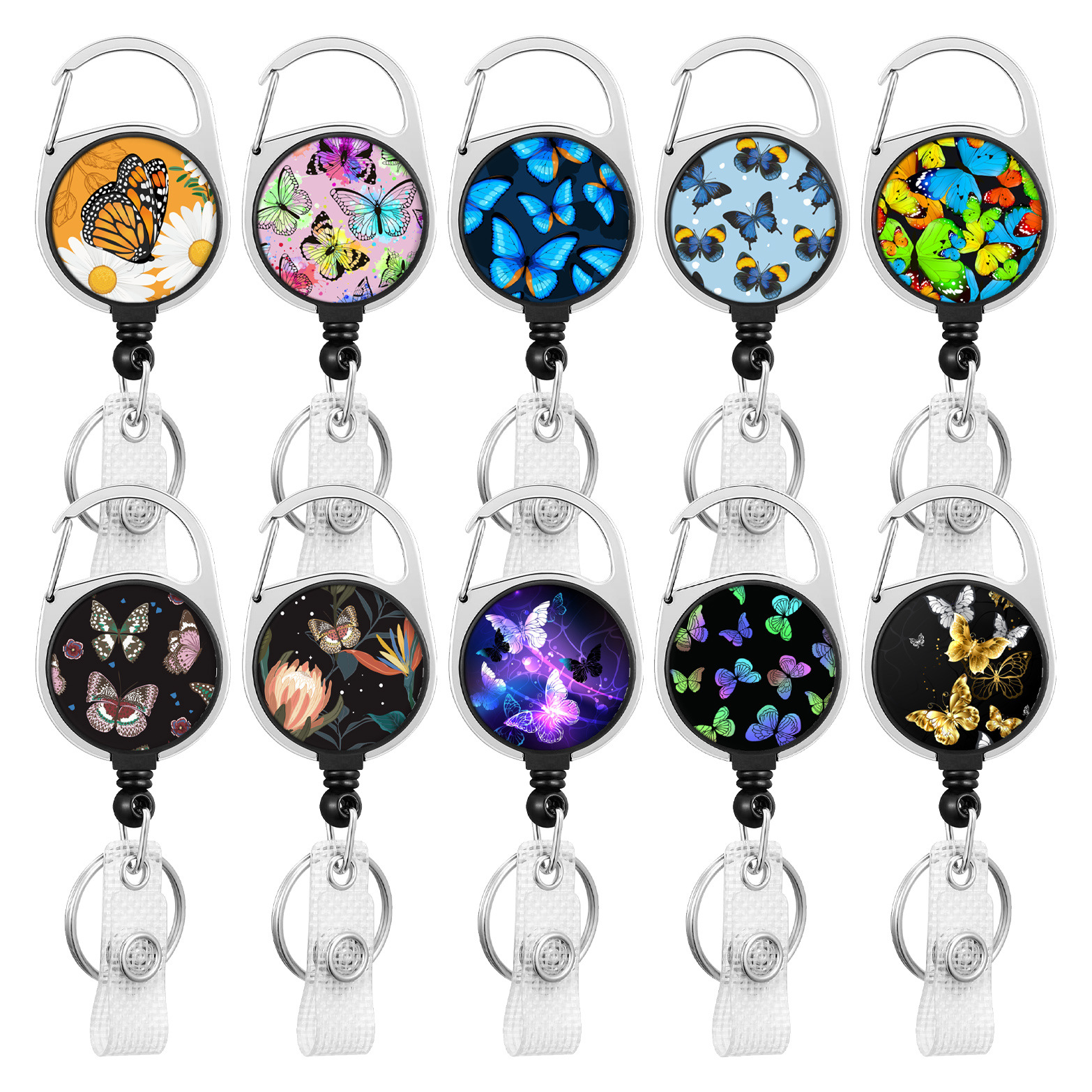 Round Zinc Alloy Printing Flower Fantasy Colorful Butterfly Series Easy Pull Buckle Easy Pull Retractable Badge Reel
