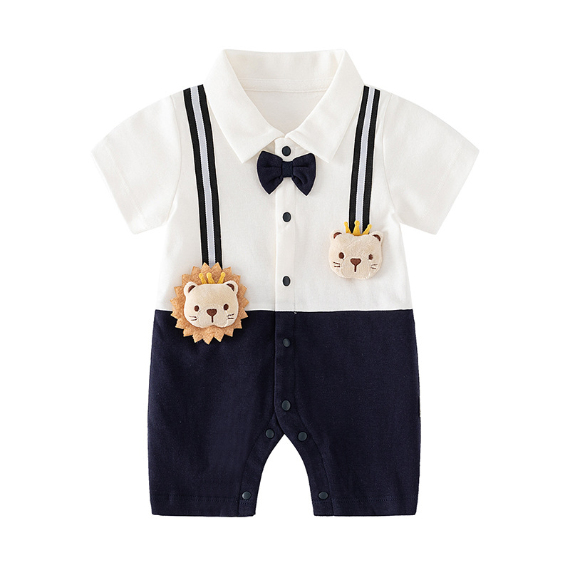 Picture of Newborn Gentleman One-Year-Old Dress Baby Short-Sleeved Hatshirt College Style Baby Summer One-Body Clothes Thin Climbing Suit