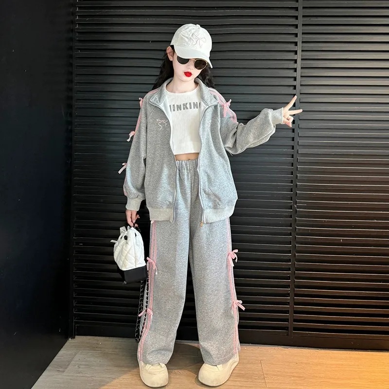 Girls' Spring and Autumn New Internet Celebrity Fried Street Bow suit Fashionable Zipper Cardigan Two-Piece Set