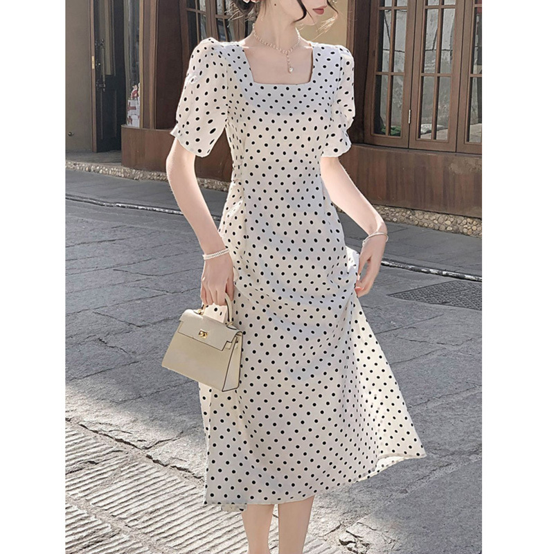 Platycodon grandiflorum French polka dot dress women's short sleeve 2023 spring new square collar slim slimming mid-length A- line skirt