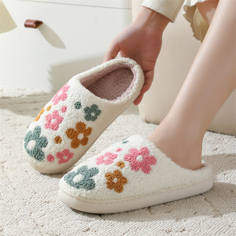 Cross-border new flower cotton slippers women wholesale thick bottom winter household indoor non-slip home smiley slippers TEMU