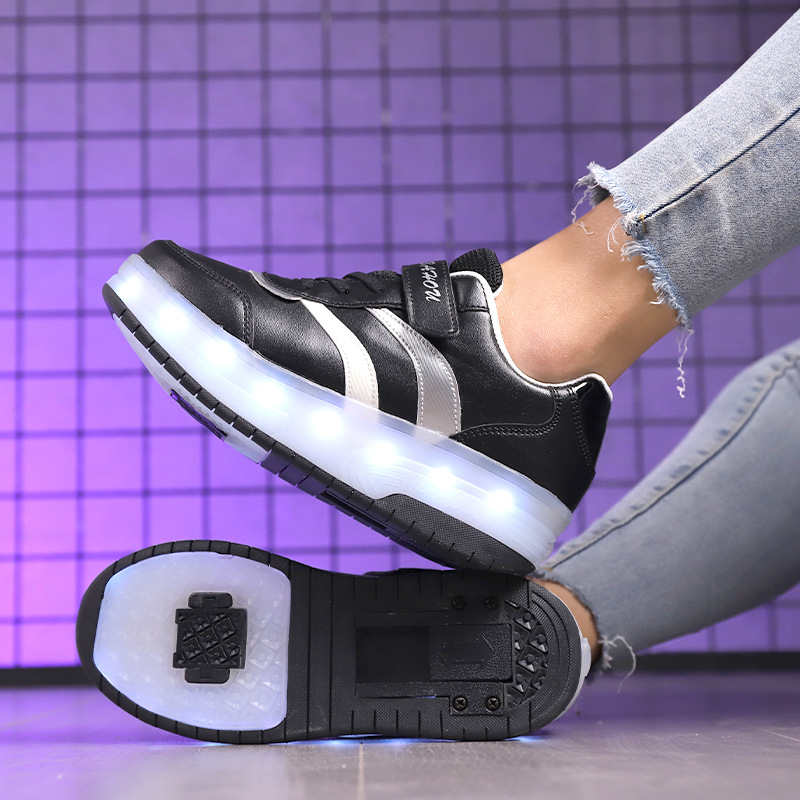 heelloo shoes leather double wheels children's adult shoes single pulley shoes with lights US rechargeable parent-child deformation shoes hidden wheels