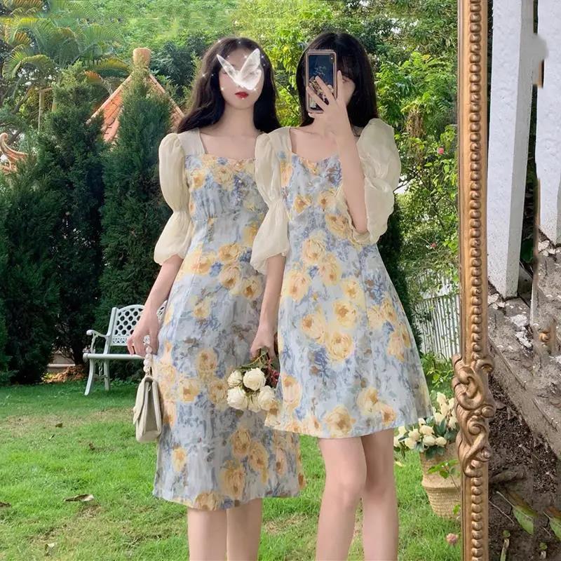 Summer 2022 New Sweet Floral Elegant Fairy Mid-length Waist Slimming Short-sleeved Dress for Women