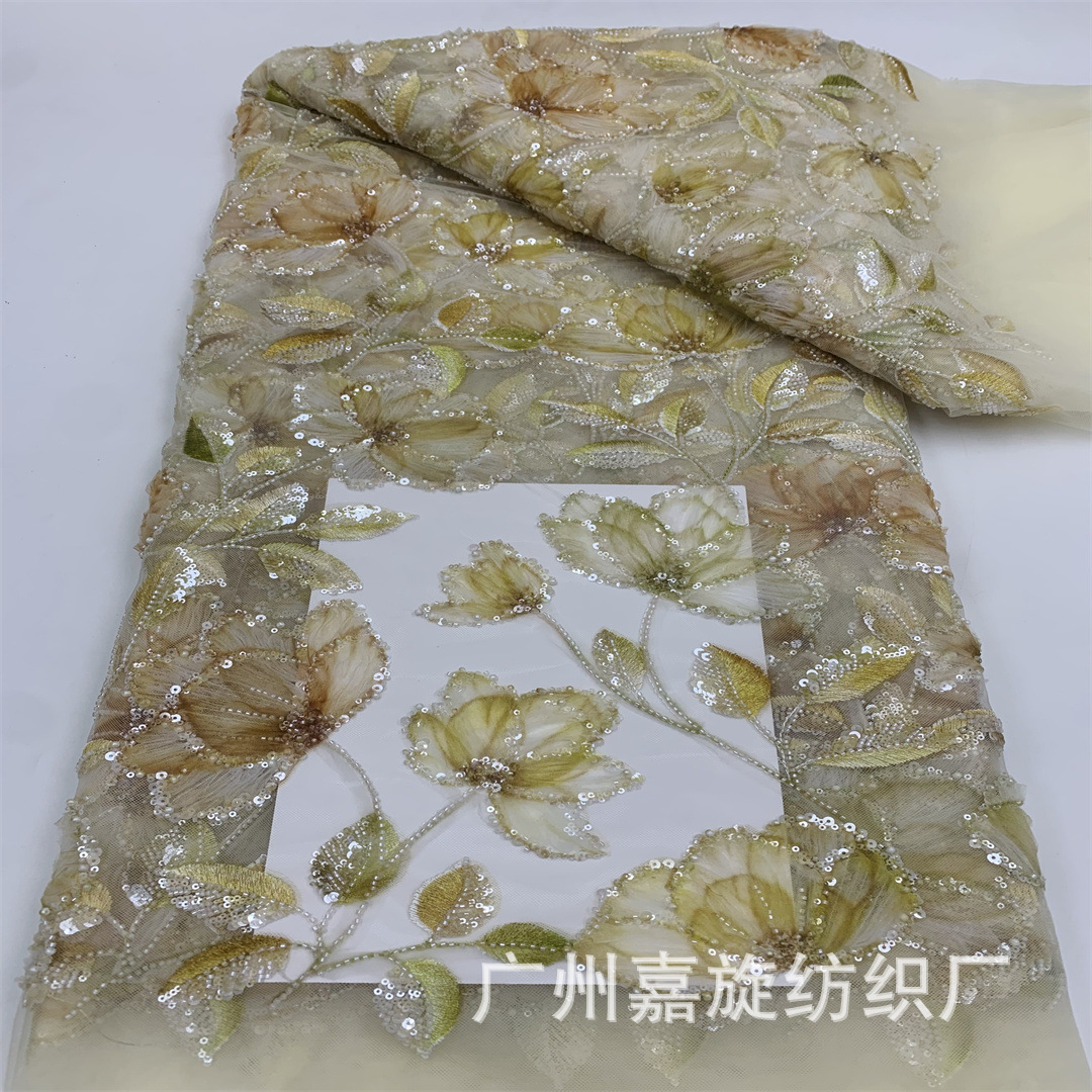 Chinese Style Lotus Flower Shaped Bead Tube Sequin Embroidered Lace Han Dynasty Cheongsam Wedding Dress Embroidered Cloth African Lace