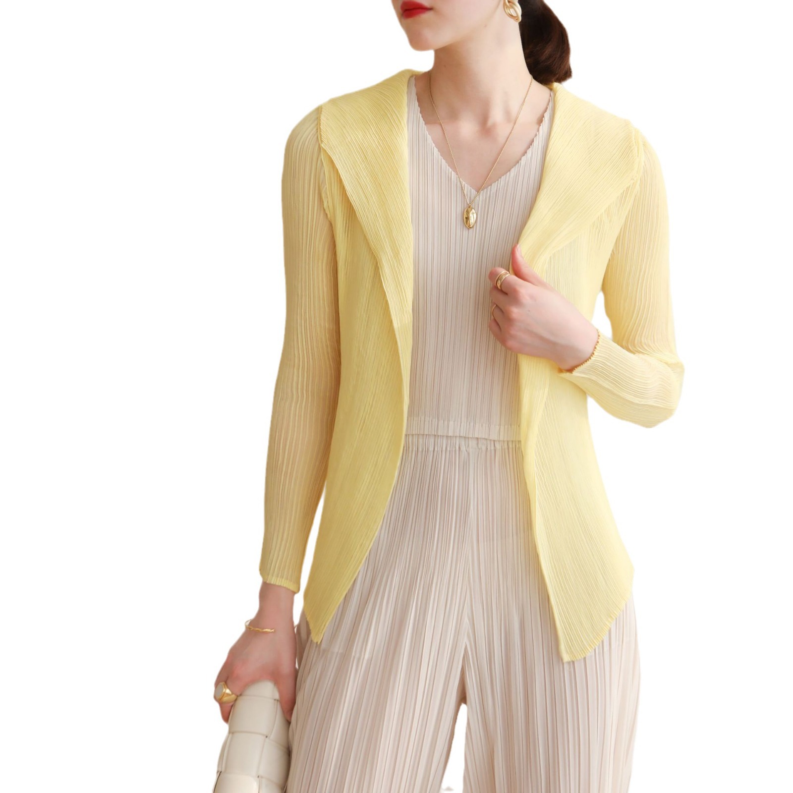 Picture of Counter Quality 2024 Miyake High-end Pleated Mesh Shirt Ultra-thin Elegant Solid Color Sun Protection Shade Women's Pleats