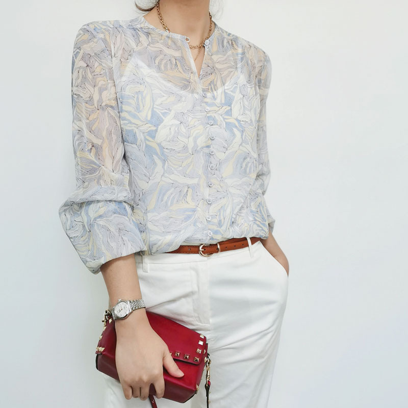 Picture of New commuter elegant natural seaweed printed silk Qiaoqi shirt Women's mulberry silk thin long sleeve shirt