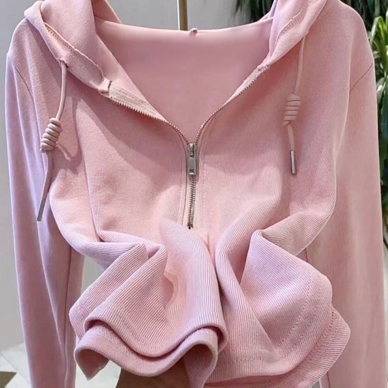 Picture of Hot Girl Short Hooded Top Women's 2025 Early Spring New European Autumn and Winter Irregular Long Sleeve T-shirt Base Shirt