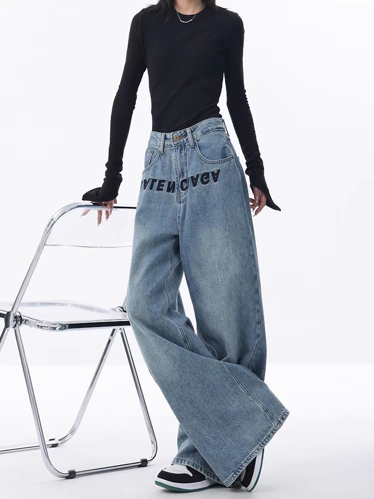 Picture of Amazon European and American Style Cross-Border New Blue Jeans Women's Embroidered Design Loose Wide-Leg Pants Floor-Length Pants