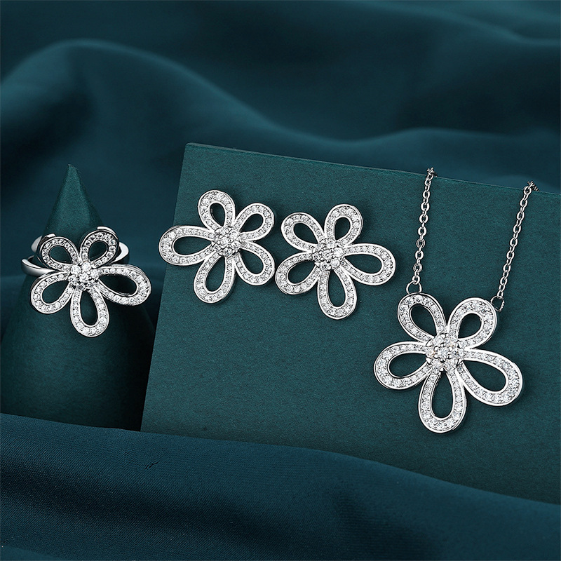 Cross-border geometric flower earrings high-end clavicle chain necklace jewelry women's opening ring women's earrings jewelry suit