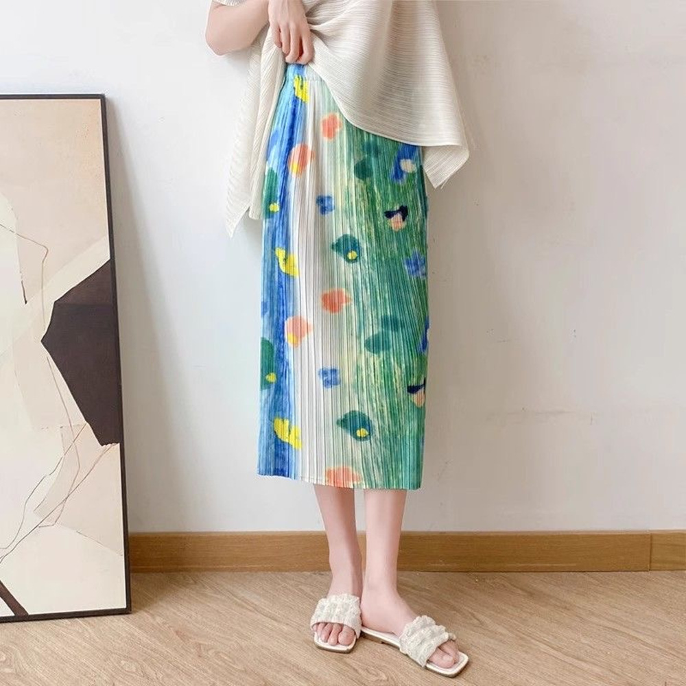 Picture of Niche design pleated skirt spring and summer thin elastic waist printed slimming age-reducing hip slit pleated skirt