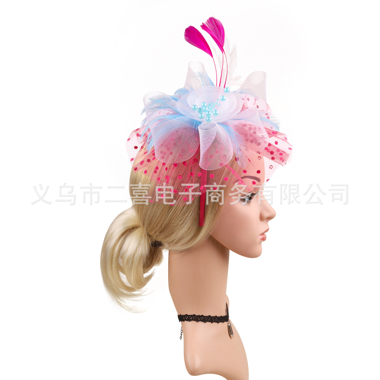 Picture of European and American Popular Amazon Feather Headdress Bridal Hair Accessories Mesh Top Hat Jockey Club Hair Accessories Hairpin Headband