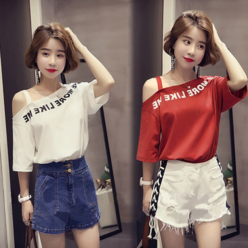 New Korean Style Student Age-reducing Simple All-match Shoulder Print Bottoming Shirt Japanese Style Short-sleeved T-shirt Women's Trendy Top