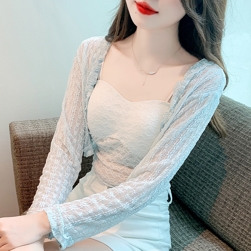 2023 Summer New Short Lace Shirt Cardigan Sunscreen Shirt Small Shawl Long Sleeve Solid Color Air-conditioning Shirt