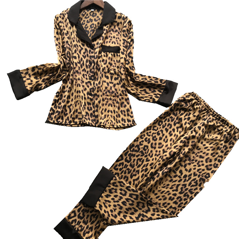 Picture of 2019 spring and summer long-sleeved pajamas women's artificial silk home wear suit leopard print sexy pajamas Ice Silk