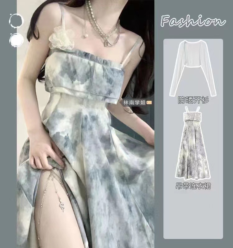 Retro ink painting chest-wrapped sling dress women's 2023 summer tea break off-neck high waist elegant sweet dress