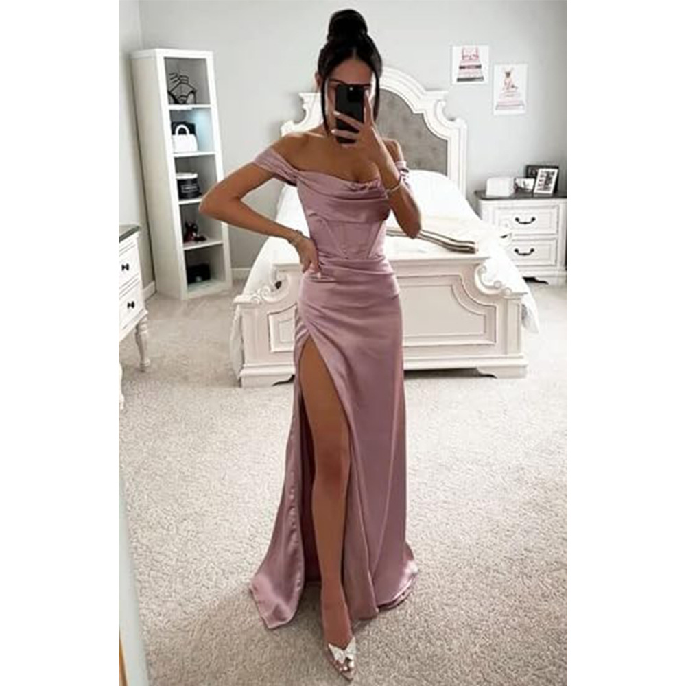 Women's sexy shirt foreign trade new dress strap pile collar bridesmaid dress solid color split high waist dress
