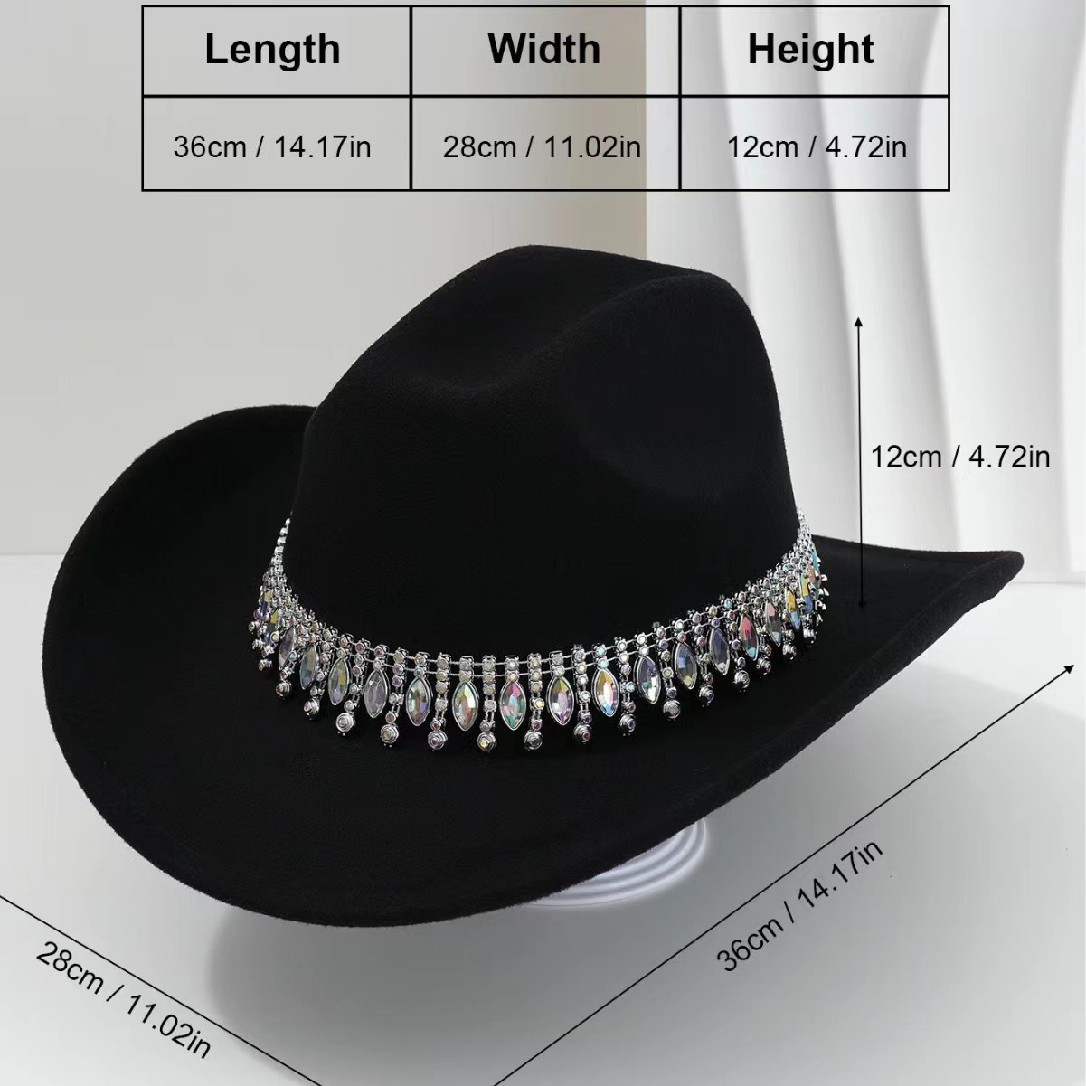 Picture of Rhinestone Accessories Top Hat Men's High-End Felt Western Cowboy Hat Large Brim Hat Women's Summer Jazz Hat