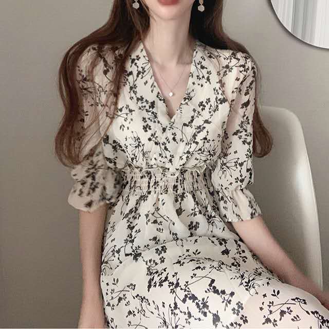 South Korea chic French style retro V-neck wooden ear waist slimming mid-length chiffon floral dress women