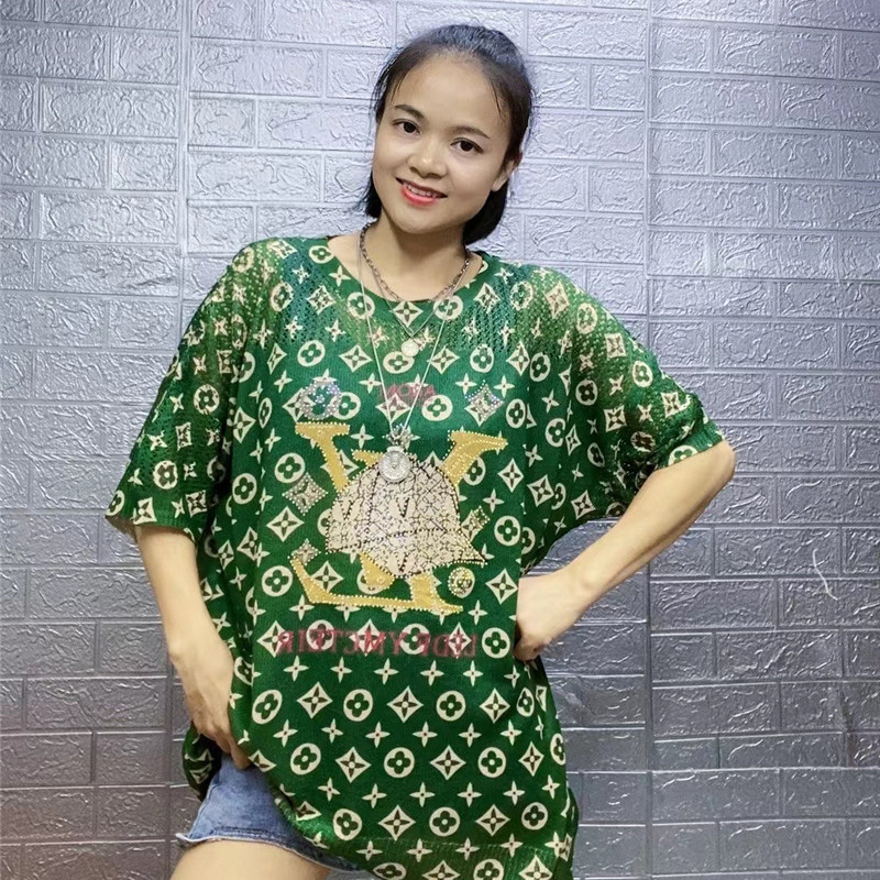Picture of European Large Edition Hot Drilling Letter Crewneck Knitted T-Shirt Women's Ice Silk Loose Meat Covering Top Mid-length Printed Short Sleeve