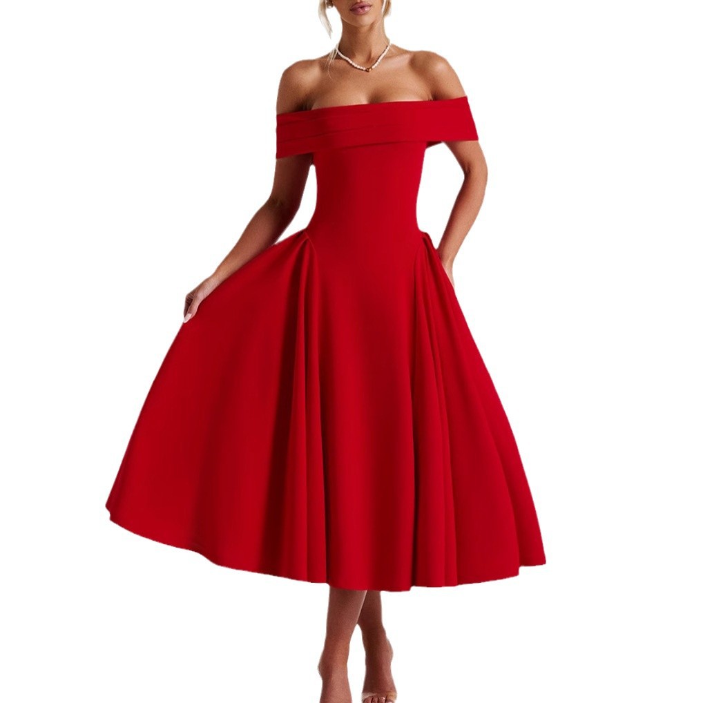 Cross-border Summer New European and American Style Fashionable Sexy One-character Collar Backless Elegant Elegant Solid Color Strapless dress Women