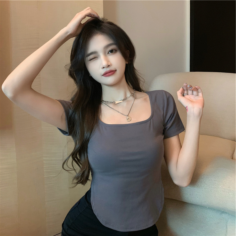 Sexy Square Collar Tight Base Shirt Women's Inner Short 2023 Summer Irregular Short-sleeved T-shirt Top