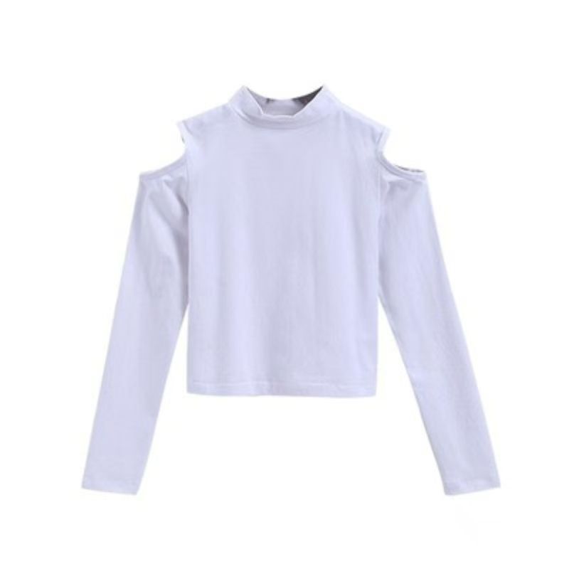 Picture of Shoulder Top Women's Long-sleeved Black New Arrival Navel Wear Autumn and Winter Semi-high Collar Base Shirt Women's Tight T-shirt Fashionable Cotton T-shirt