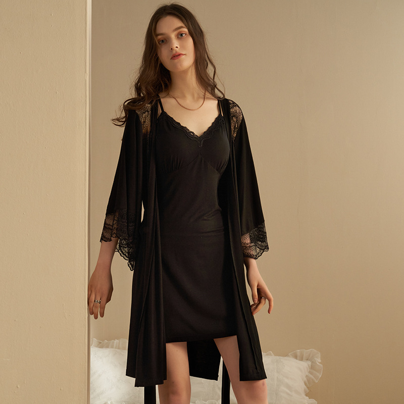 Spring and Summer New Modal Lace Two-Piece Suit, Small Suspender Nightgown, Soft Home Clothes with Breast Pads, No Need to Wear Bra