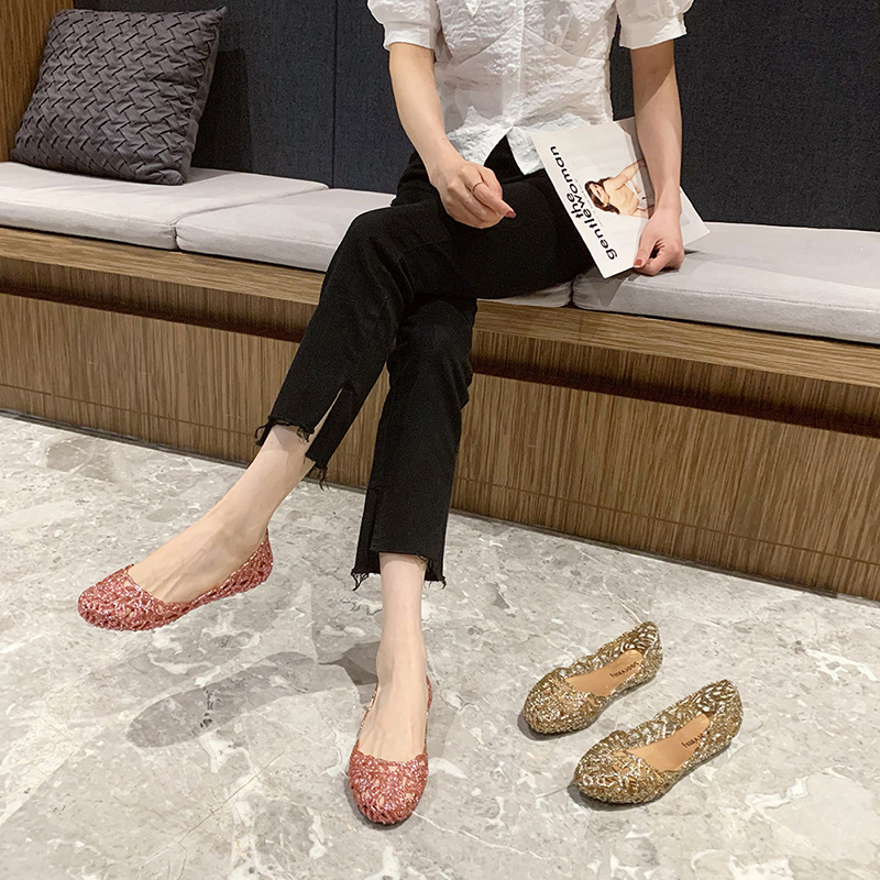 Picture of Hollow closed toe sandals summer shiny crystal dance shoes jelly shoes flat soft bottom hole beach shoes women Wholesale