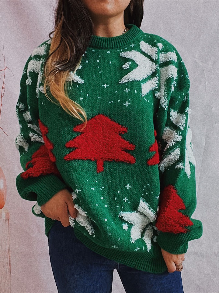 Cross-border Amazon autumn and winter new Christmas tree jacquard round neck long sleeve thickened knitted pullover Christmas sweater for women