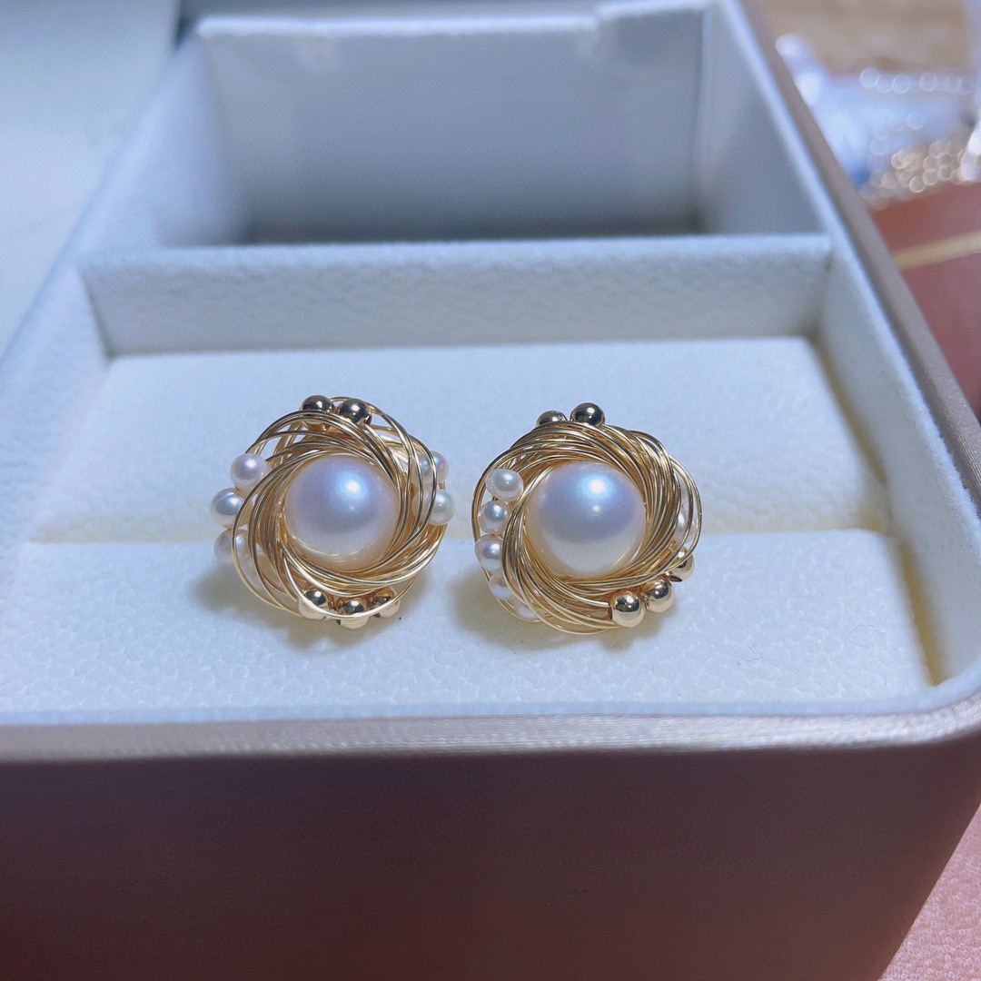 Baroque Tianshuanshui Ran Pearl Earrings Women's 14K Bag Gold Bird's Nest Earrings Handmade Winding Earrings 925 Silver Pin
