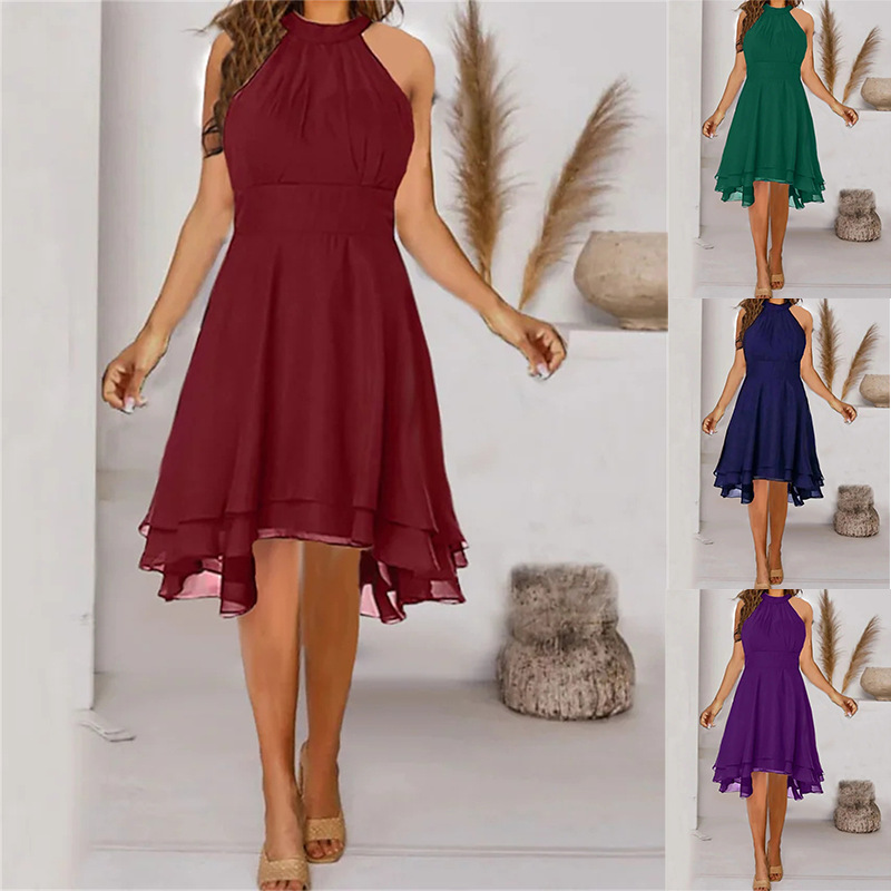 2023 cross-border sexy solid color irregular cut A- line skirt double-layer ruffled temperament sleeveless chiffon dress