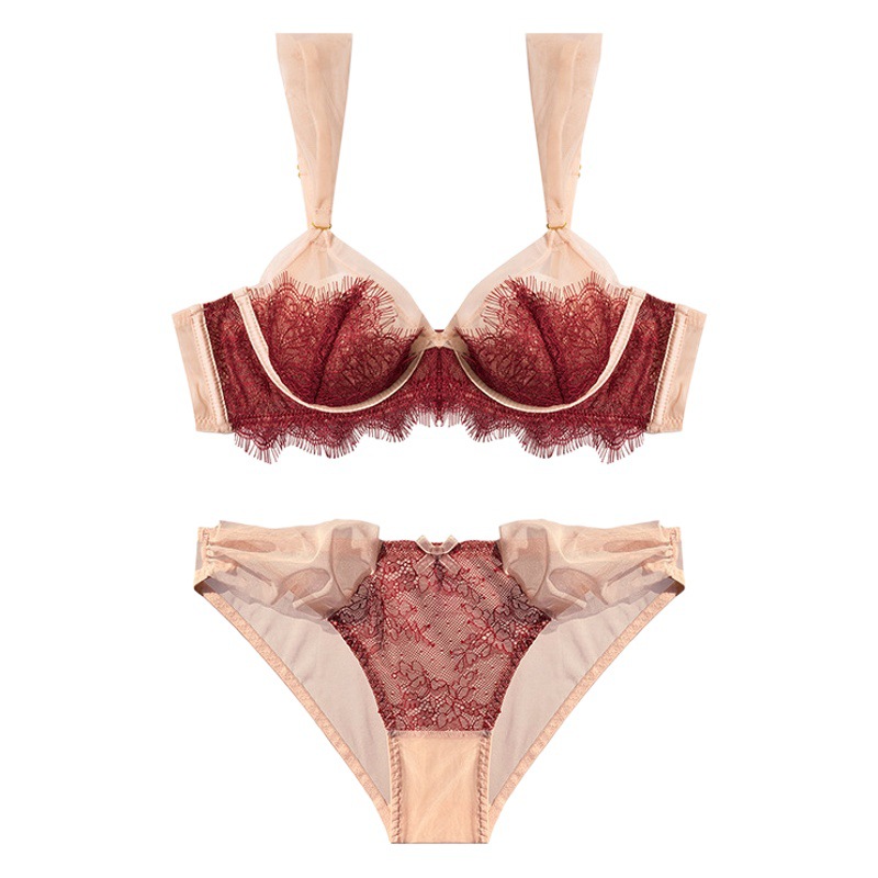 French Style Ultra-thin Lace Underwear Women's Big Chest Showy Large Size Bra Anti-sagging Top-up Sexy Bra Set Bra