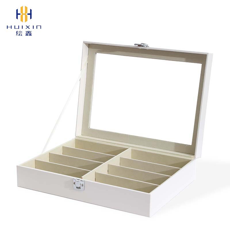 New Elegant White 8-digit Leather Glasses Case with Glass Lid Glasses Display Box Flocking Lining Multi-compartment Storage
