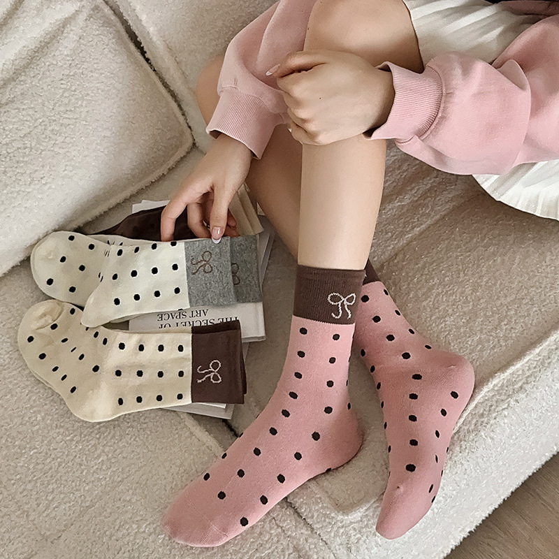 Cute Polka Dot Bow Mid-length Stockings Women's Instagram Style Spring and Autumn Japanese Dot Color-matching Stockings Autumn and Winter Long Stockings