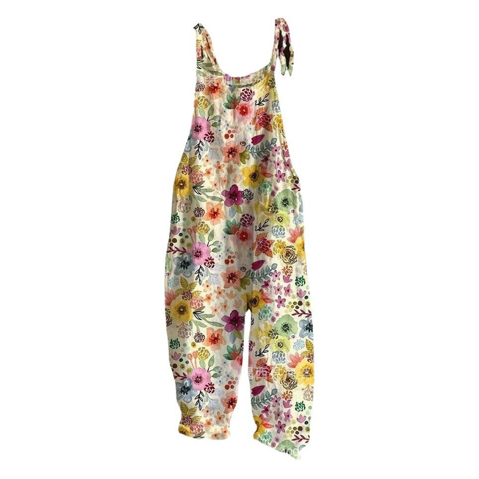 2024 Independent Station Cross-Border Women's Clothing European and American Summer New Retro Casual Printed Wide-Leg Jumpsuit (Ready in Stock)