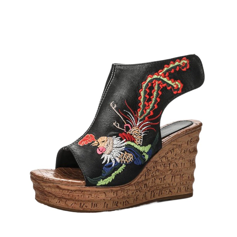 Chinese Style Danfeng Embroidered Women's Shoes New Summer Embroidered Sandals Women's Velcro Fish Mouth Wedge Heel Open Toe Sandals