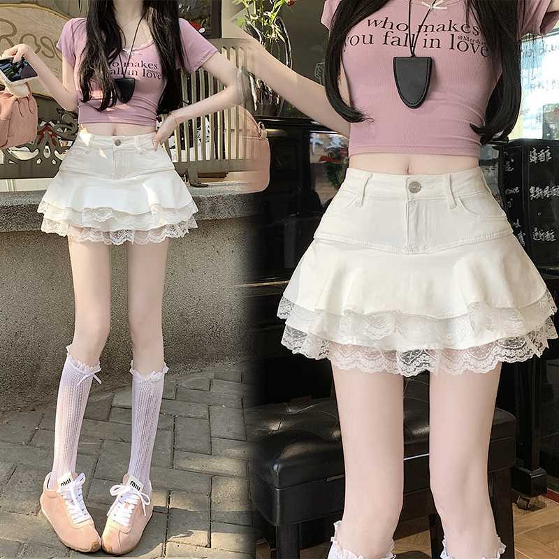 Real Shot of 2025 American Pure Lust Style Sexy Design Elastic Denim Cake Pleated Skirt Pants