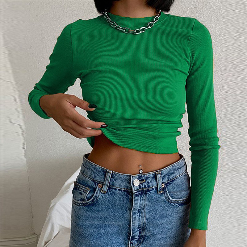 European and American cross-border rib solid color bottoming T-shirt women's bright color spring fashion navel tight European and American long sleeve short top