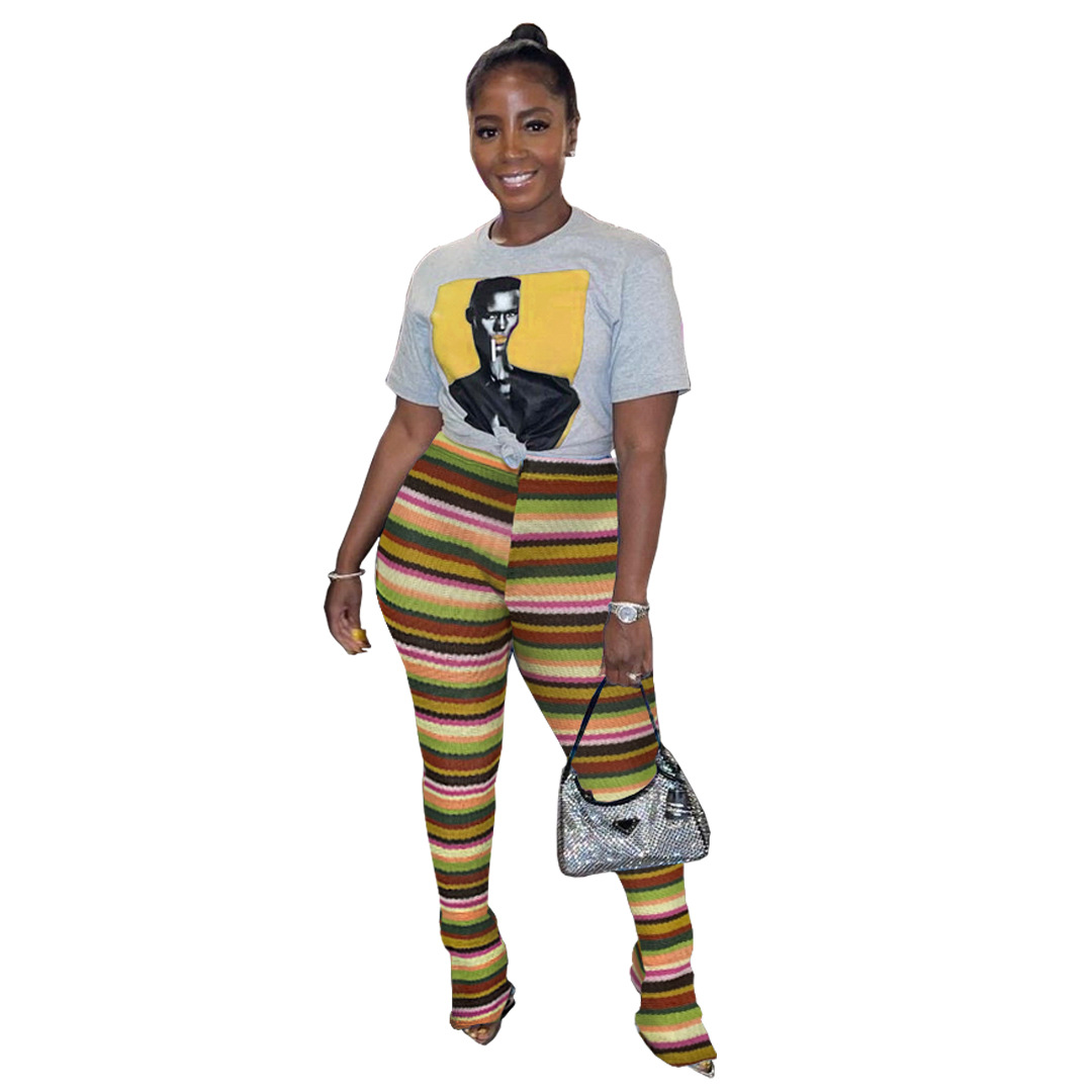 Picture of GL6585 Amazon European and American Women's Cross-border Goods Color Strip Knitted Hollow Jacquard Fashion Pants Flare Pants