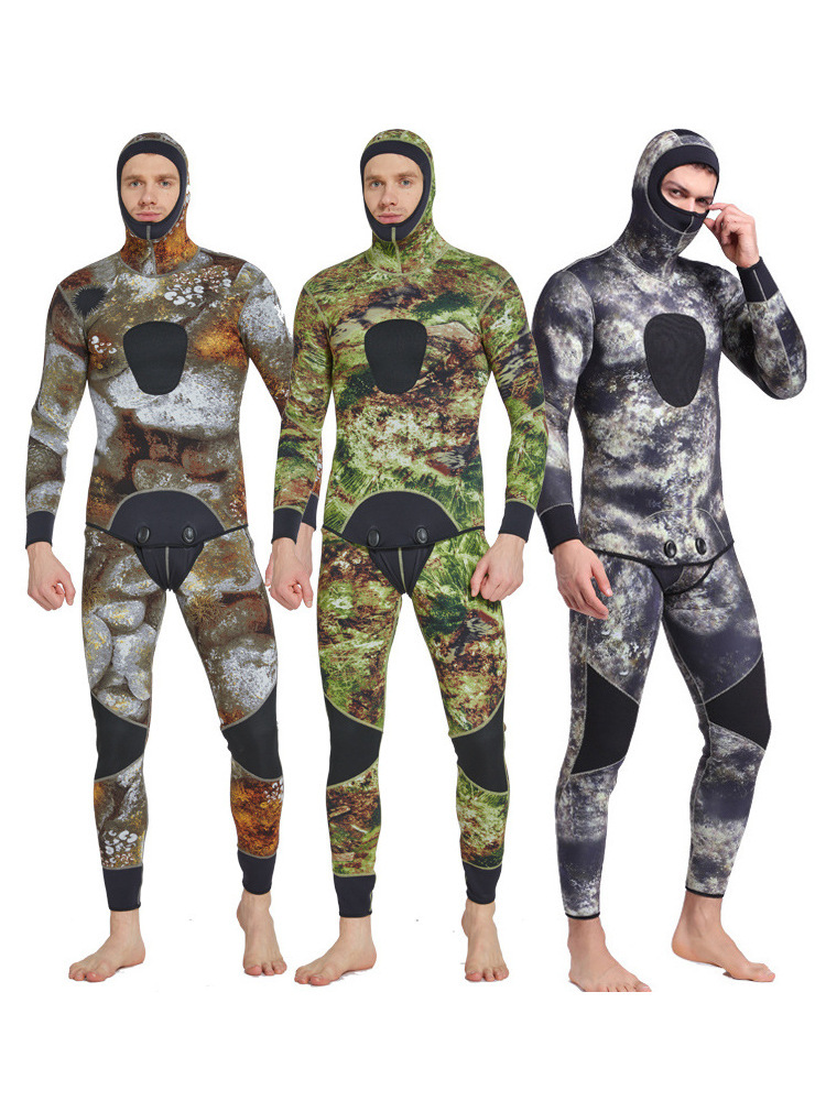 New camouflage diving suit 5MM thickened warm one-piece swimsuit long-sleeved men's split swimsuit fishing and hunting suit two-piece set