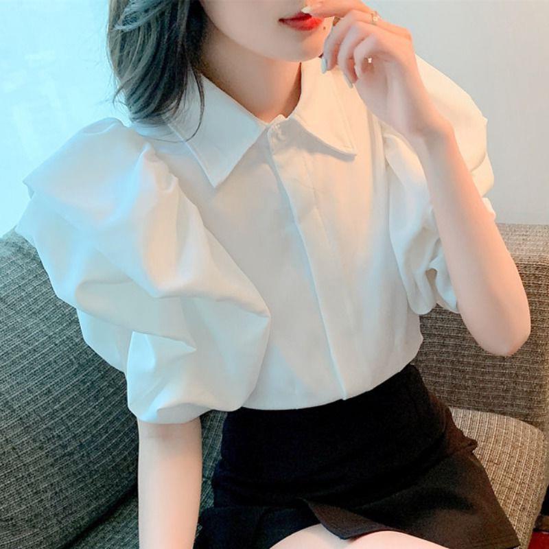 Picture of 2024 Summer New Petal Puff Sleeve Inner Top Women's Design Niche Retro Lapel Short Shirt