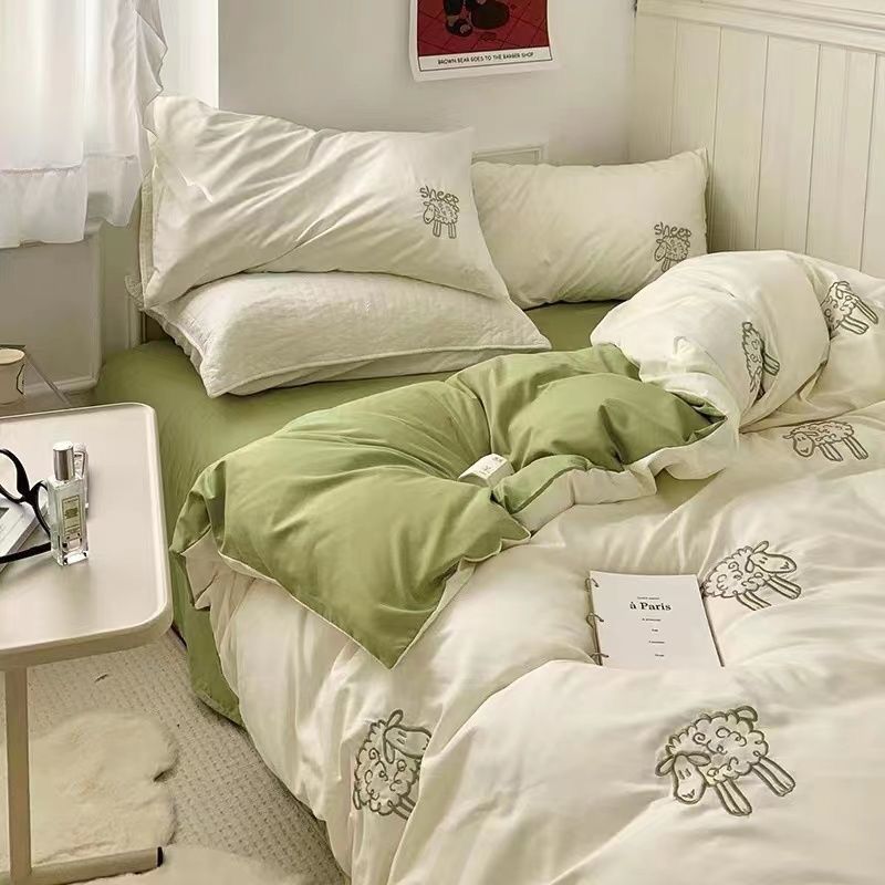 Picture of Washed Cotton Bed Sheet Four-Piece Set, Fresh Style Duvet Cover, Simple Ins Student Dormitory Three-Piece Duvet Cover Set