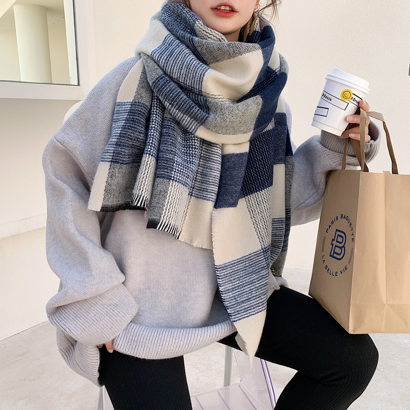 New Japanese Style White Blue Plaid Scarf Women's Autumn and Winter Thickened Warm Cashmere Scarf Korean Style Shawl