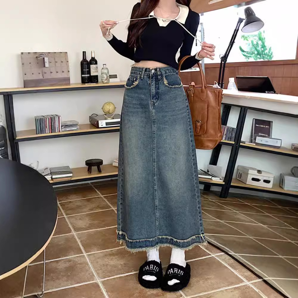 plus size High Waist Long Denim Skirt Skirt Women's chubby girl Slimming 2024 Autumn A- Line Long Skirt Skirt Skirt