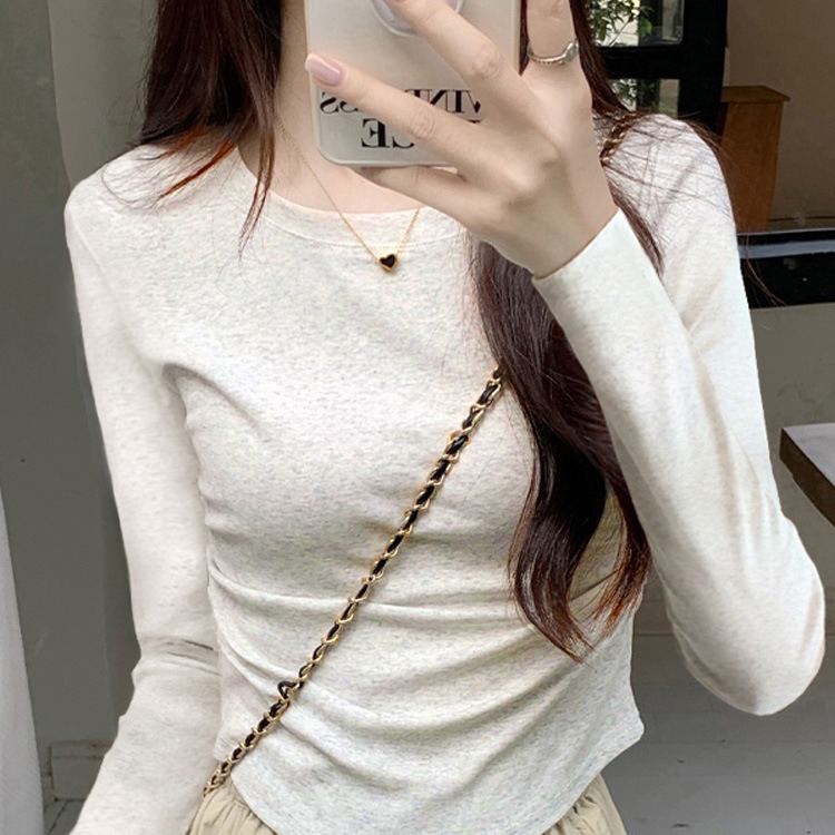 American Long-Sleeved Bottoming Shirt for Women in Autumn and Winter 2025 New Curved Hem Asymmetrical T-Shirt with Inner Top