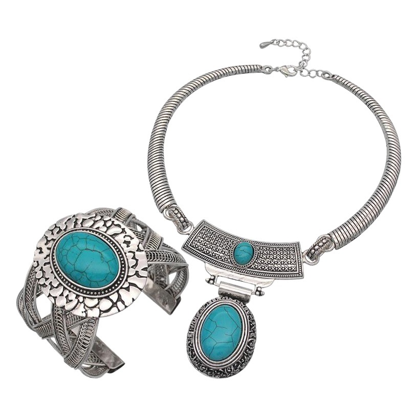 Cross-border Ethnic Turquoise Woolen Chain Beaded Necklace Women's Jewelry Earrings Ring Jewelry suit Yiwu Accessories