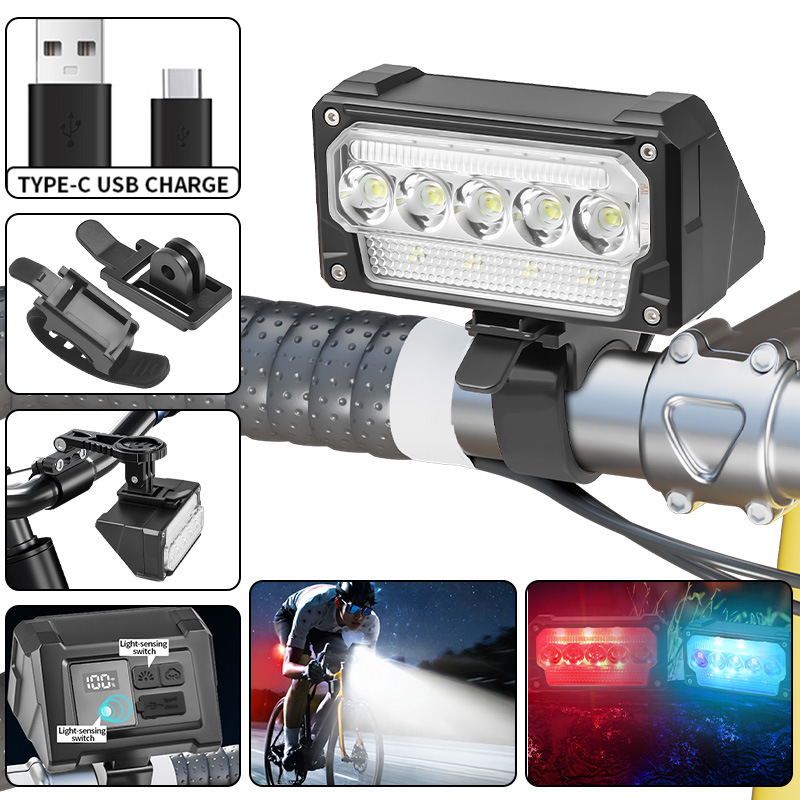 Cross-Border New Product Xte Bicycle Headlight with Light Sensor Supports Hoisting Red and Blue Warning 5 Lights Strong Light Bicycle