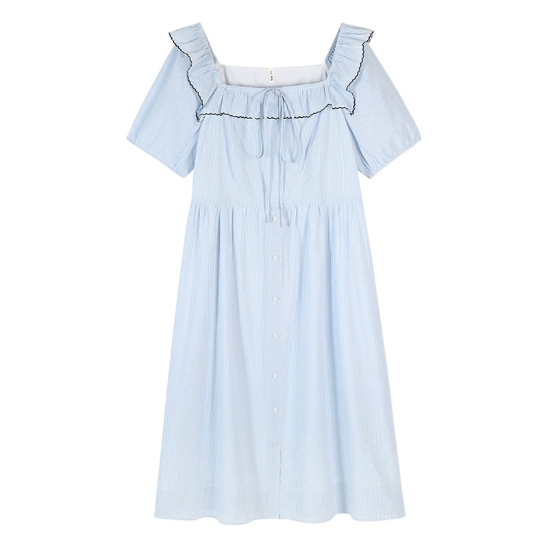 Picture of Tea Break French Dress Women's Summer Chubby Girl Plus Size Fungus Lace Square Collar Blue Striped Slim Look Skirt 63019